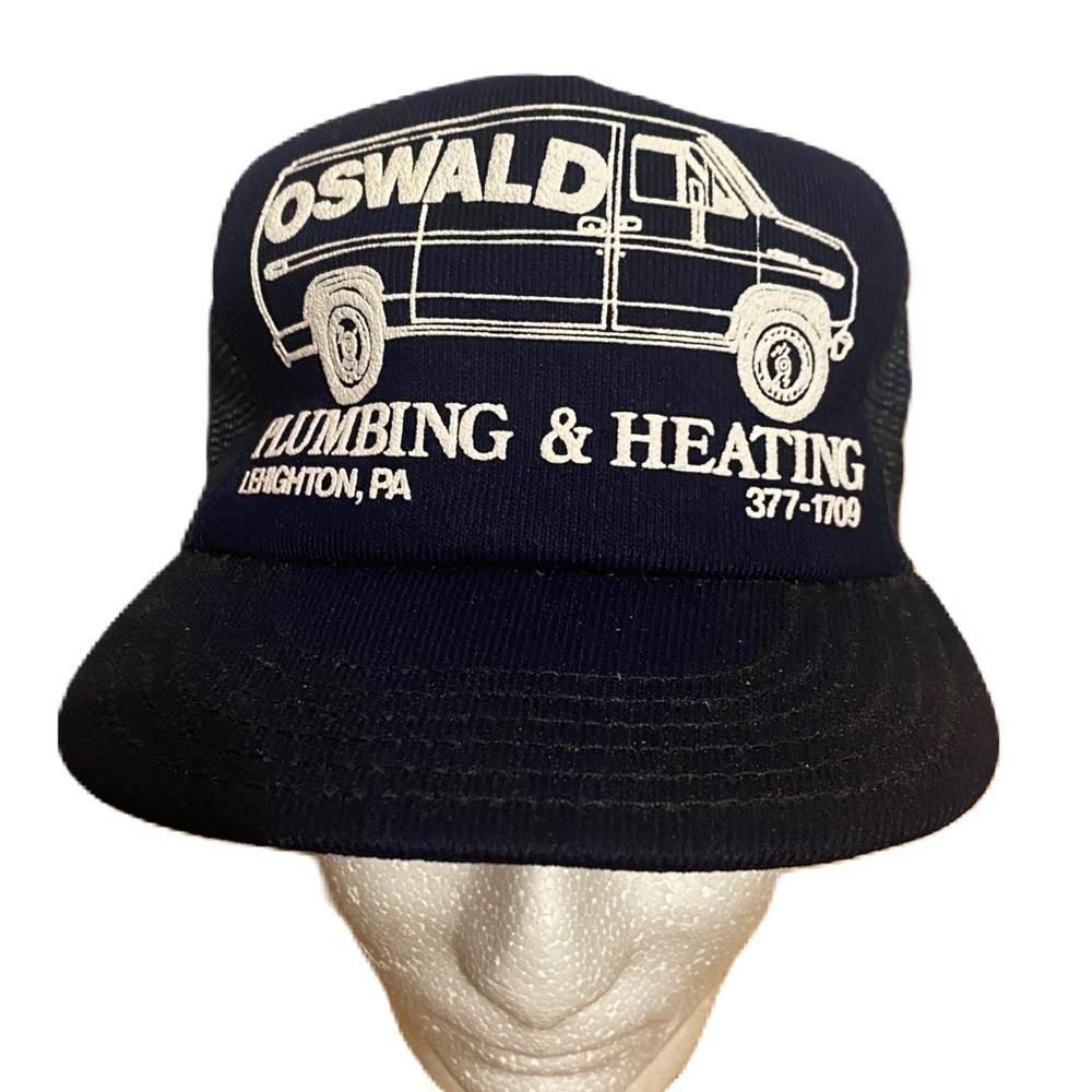Vintage Oswald Plumbing & Heating Trucker Hat 80s Van Navy Blue White Dad